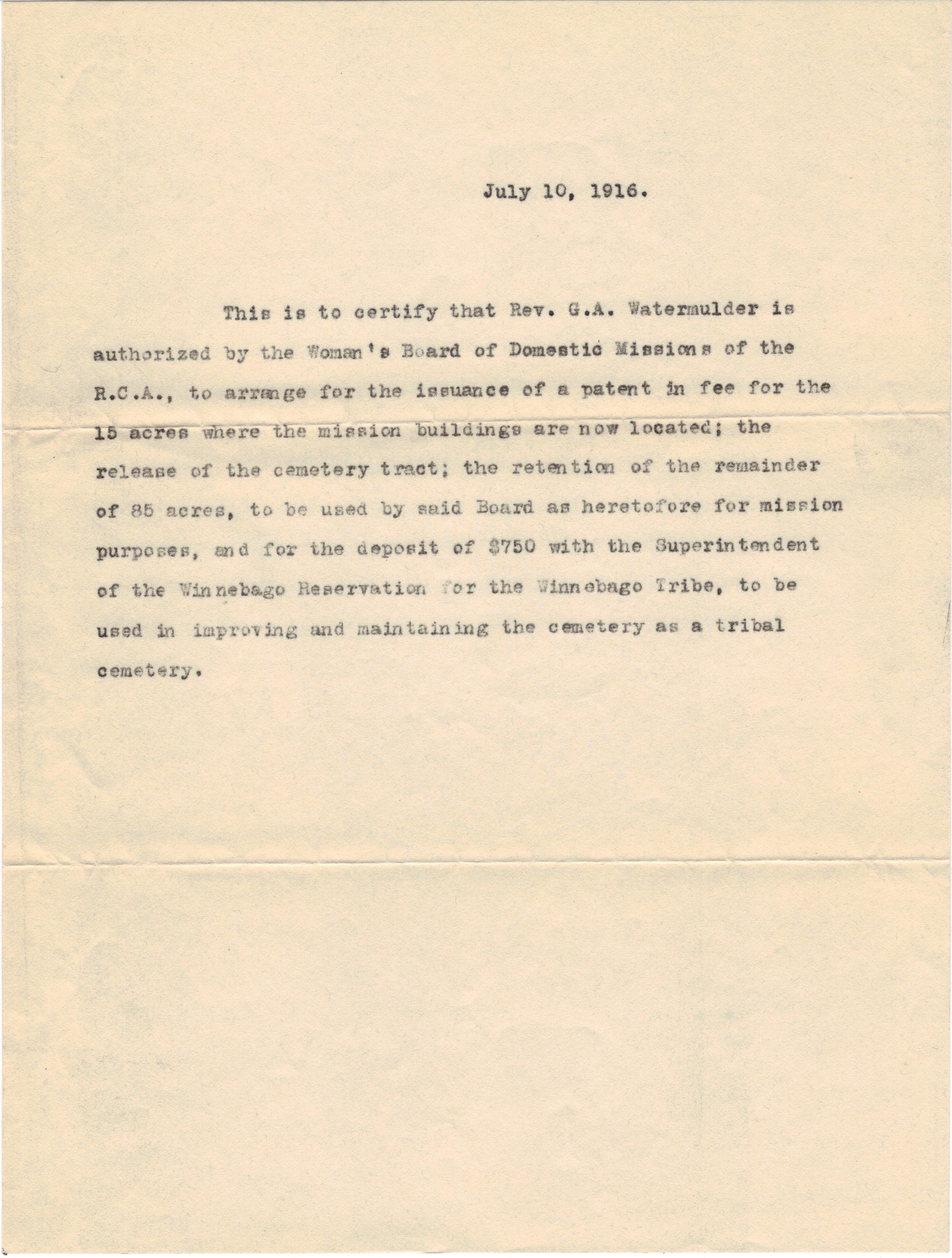 July 10, 1916: RCA authorization to transfer cemetary property